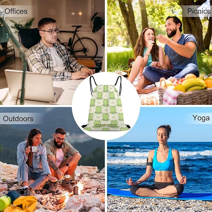 Custom Frog Drawstring Backpack - Cute Cinch Sack, String Backpacks with Pocket for Kids Women Men Boys Girls for Gym Outdoor Sports Travel Athletic Drawstring Bag - Lightweight/Foldable