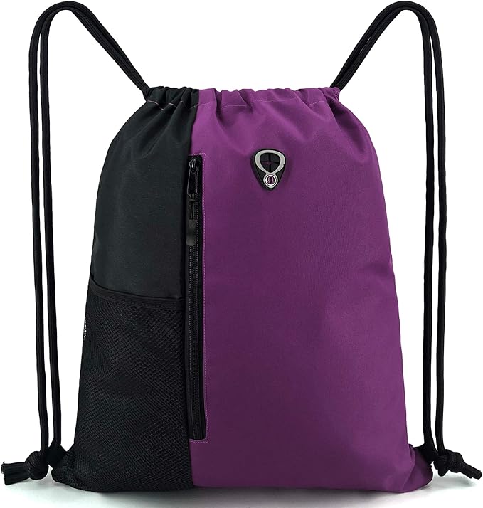 BeeGreen Large Capacity Drawstring Gym Backpack with Zipper Pocket & Water Bottle Holder - Unisex Heavy Duty Sports Sack for Workout, Hiking, Travel (Purple Black)