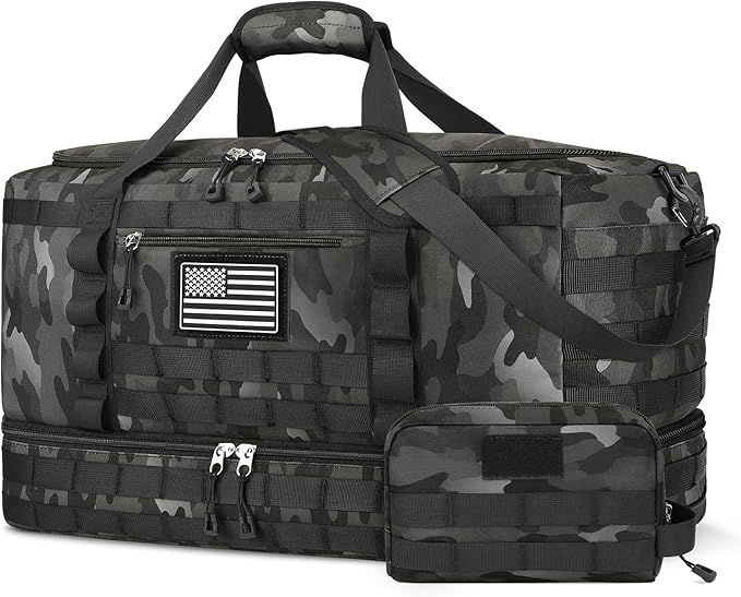 ETRONIK Travel Bag for Men Women, Gym Bag & Tactical Duffle Bags for Travel, Carry on with Toiletry Bag and Shoe Compartment, Weekender Overnight Trip with Wet Pocket for Workout Medical, Black Camo