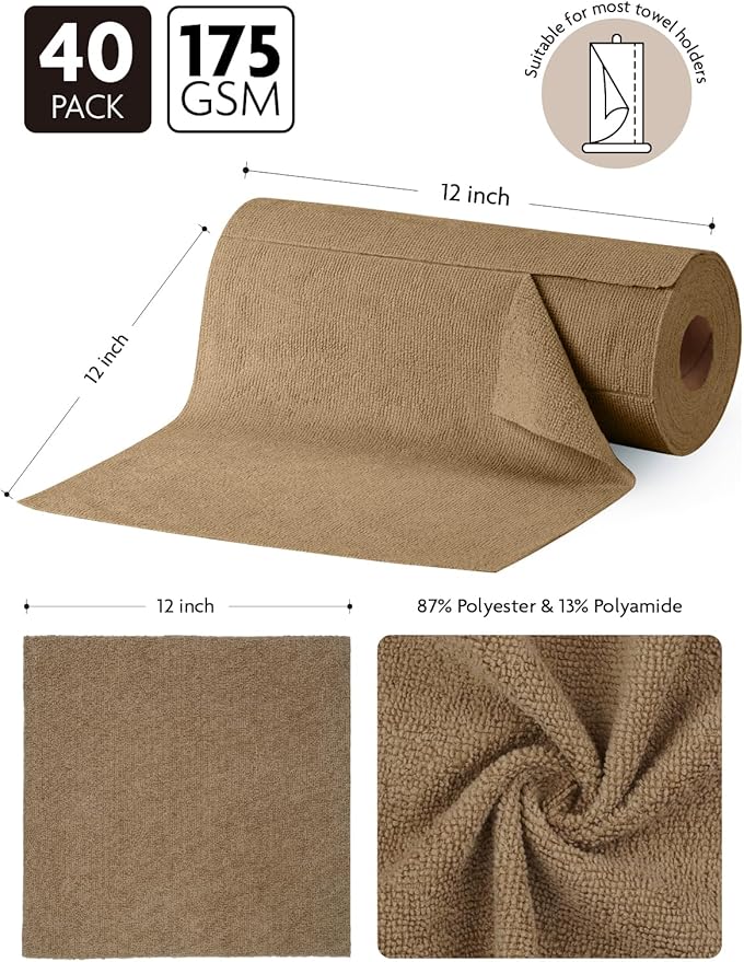 Fantasticlean Microfiber Cleaning Cloth Roll -40 Pack, Tear Away Microfiber Towels, 12" x 12", Reusable, Washable, Scratch Free, Ultra Absorbent for Car, Home Supplies, Shop (TAN)