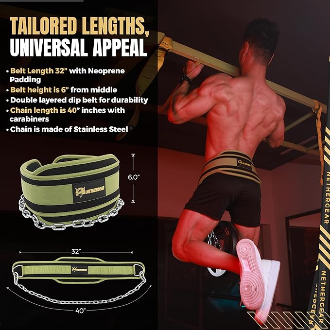 Dip Belt for Weight Lifting with 36” Heavy-Duty Steel Chain, Comfortable Neoprene & Strong Stitching, Weighted Belt Ideal for Bodybuilding, Powerlifting, Pull Ups & Squats