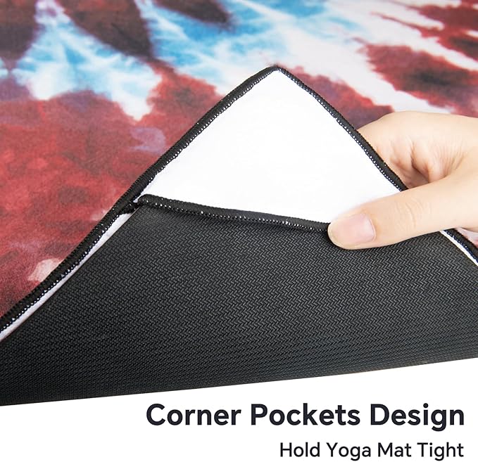 Colorful Star Yoga Towel with Corner Pockets, Non Slip Grip Dots Sweat Absorbent Hot Yoga Mat Towels, Soft Yoga Blankets with Travel Bag, Mat Cover for Workout, Gym, Fitness - 70"x26", Bold Tie-dye