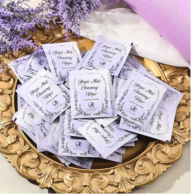 100 Pcs Yoga Mat Wipes, Lavender, Individually Wrapped Wipes, No Slippery Residue, Deep-cleansing for Mat, Fitness Gear & Gym Equipment Cleaner, 7inch*5.5inch