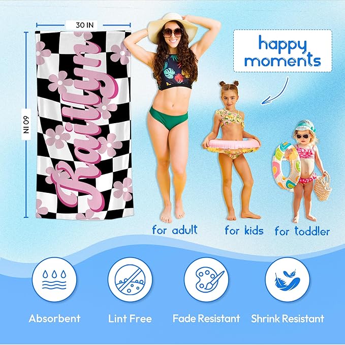 JML Personalized Beach Towel with Name, Custom Flower Beach Towel, Customized Microfiber Pool Towel, Quick Dry & Absorbent Swim Towel for Adult,Mother's Day, Birthday, Summer Holiday,Vacation