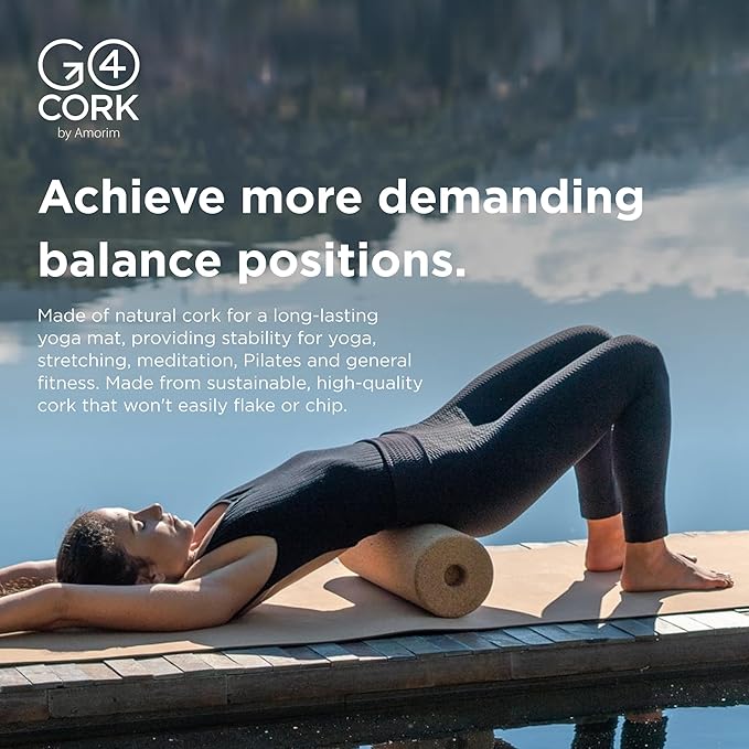 Go4Cork Yoga Non-Slip Essential Cork Yoga Mat - 25.59" x 4.72" | 4.72" Thick, Large & Eco Yoga Mat | Lightweight & Compact Home Gym Fitness, Pilates Exercise & Stretching Accessories | Natural/Black