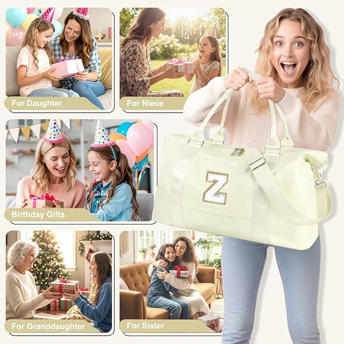 Dance Gym Duffel Bag for Teen Girls, Personalized Initial Travel Weekender Bag,Cute Overnight Carry On Duffle for Women,Sports Travel Cheer Bag,Monogram Christmas Gifts for Tween Preppy(beige-Z)