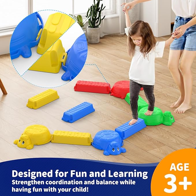 16 Pcs Balance Beam and Stepping Stones for Kids - 4 Turtle Shape Stepping Stones and 12 Connectable Beams with Sound Feature,Color Spinner, Riddle Cards, Fun Balance Training and Obstacle Course