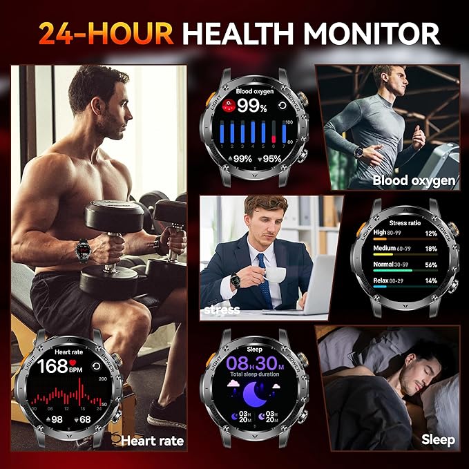 KPEP Military Smart Watches for Men, 1000mAh Battery/LED Flashlight/2 Straps/IP67 Waterproof Smartwatch, Stress/Blood Oxygen/Heart Rate/Sleep Monitor, Reminder, Fitness Tracker for iOS Android, Black