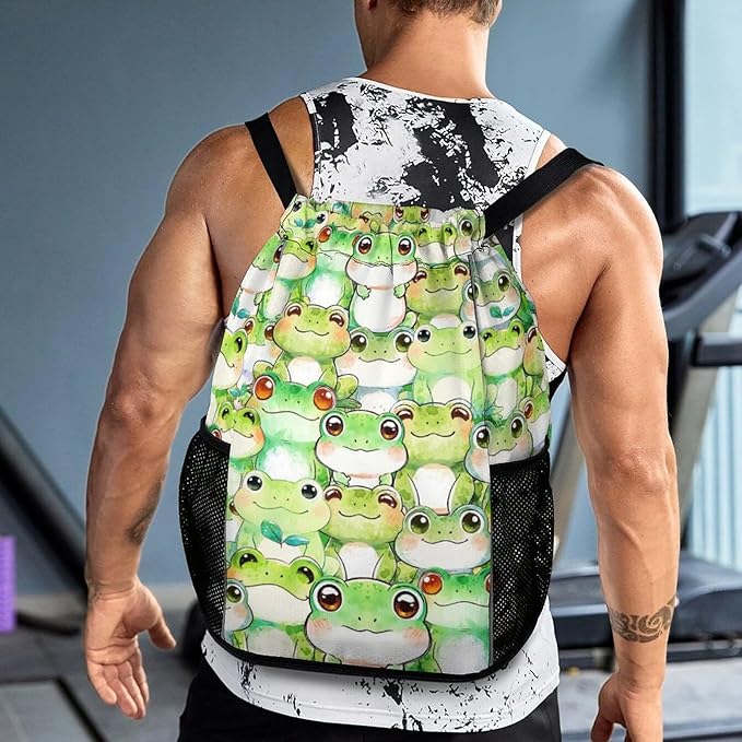 Frog Drawstring Backpack - Cute Cinch Sack, String Backpacks with Pocket for Kids Women Men Boys Girls for Gym Outdoor Sports Travel Athletic Drawstring Bag - Lightweight/Foldable
