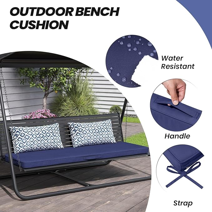 Crestlive Outdoor Bench Cushion 48 x 18 Inch, Waterproof Patio Furniture Cushions, Fade-Resistant Porch Swing Replacement Pad, Adjustable Straps and Handle, Navy