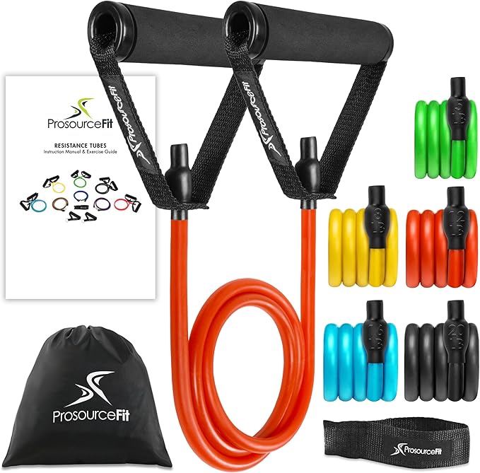 ProsourceFit Single Stackable Resistance Bands with Door Anchor and Exercise Guide, 8-12 LB, Heavy Duty Fitness Tube for Full-Body Exercises and Home Workouts, Red
