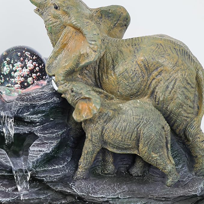 Elephant Tabletop Fountain with Rotating LED Crystal Ball & Cascading Rocks, 10.8" Indoor Waterfall Decor for Living Room,Office,Bedroom,Study,Zen Elephant Lover Gift