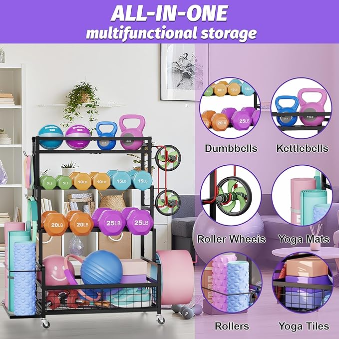 Dumbbell Rack,Home Gym Storage Rack,Total Weight Capacity 490 lbs,Weight Rack with Wheels/Strength Training Equipment Storage Rack with Hooks,Stores Dumbbells,Kettlebells,Yoga Mats