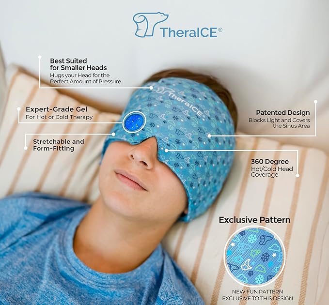 TheraICE Migraine Relief Cap Junior, Soothing Headache Boo Boo Ice Pack Mask Products, Cooling Gel Hat JR, Face Cold Compress Head Wrap for Bumps, Bruises and Cooling temperatures