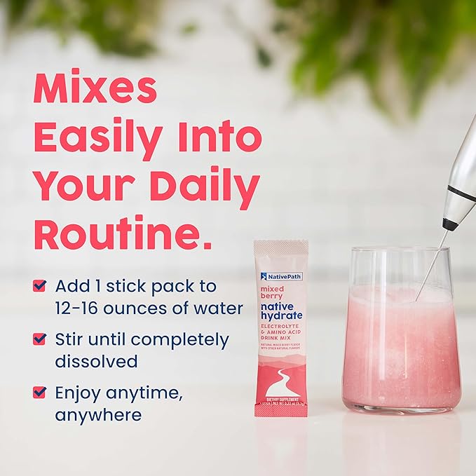 NativePath Native Hydrate Stick Packs, Sugar Free Electrolytes Powder with BCAAs, Mixed Berry Hydration, Keto & Paleo Friendly, 30 Servings