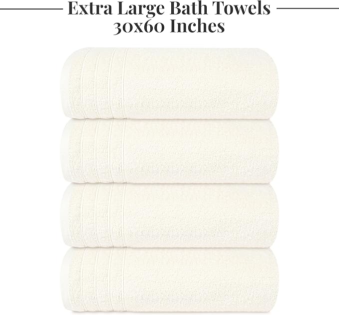 Tens Towels Pack of 4 Extra Large Bath Towels 30 x 60 Inches, 100% Cotton, Larger & Lighter Weight, Quicker to Dry, Super Soft and Absorbent, Perfect for Bathroom, Cream