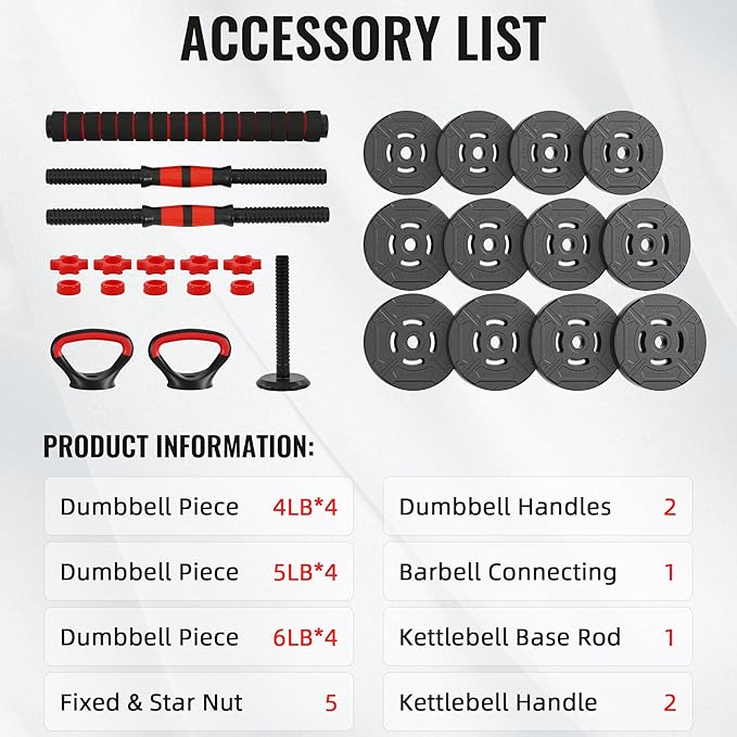 Multi-Functional Portable Changeable Dumbbell and Barbell Kettlebell Set with Adjustable Weights, 40LBS or 60LBS Sets, 2-in-1 or 4-in1, Multiple Styles