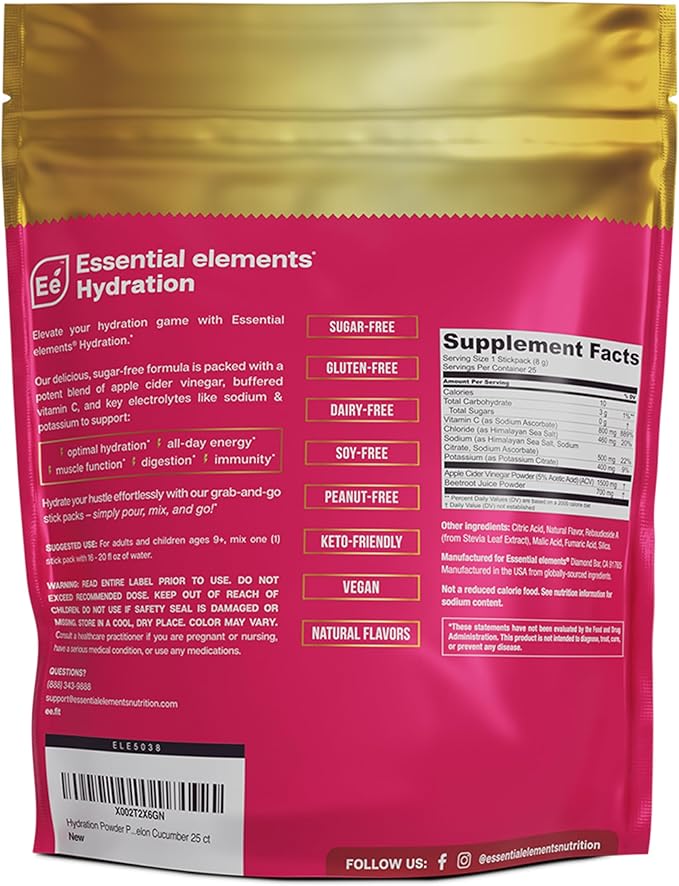 Essential Elements Hydration Packets - Watermelon Cucumber Pack - Sugar Free Electrolytes Powder Packets - 25 Stick Packs of Electrolytes Powder No Sugar - Hydration Drink - with ACV & Vitamin C