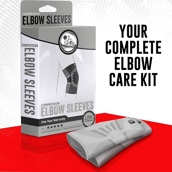 Nordic Lifting Elbow Compression Sleeves (1 Pair) for Men & Women - Support for Pain Relief, Tendonitis, Golfer’s & Tennis Elbow - Weightlifting Brace for Workout, Arm & Joint Recovery