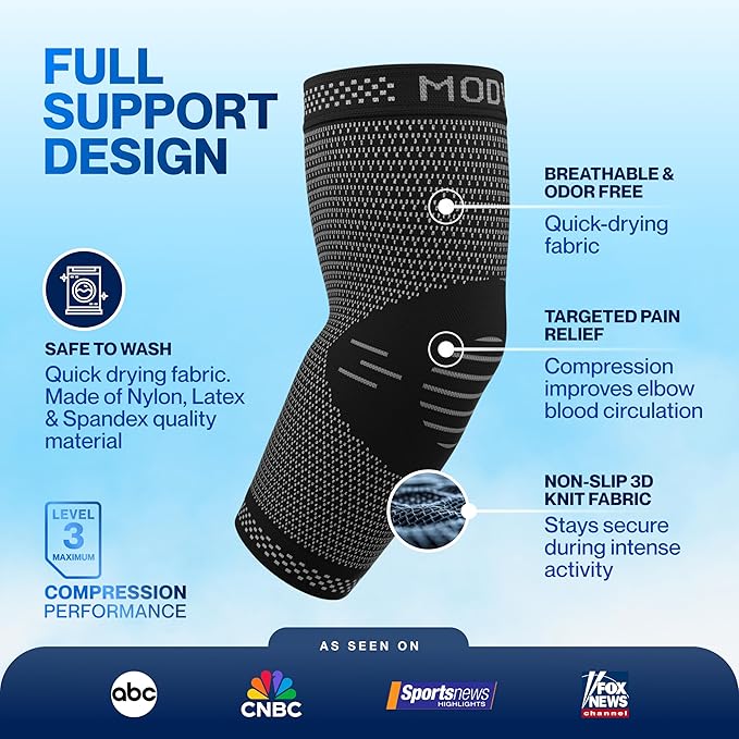 Modvel 2 Pack Elbow Brace - Golfer's Elbow Compression Sleeve Support for Joint Pain Relief, Recovery, Tendonitis Braces, Tennis Elbows Brace For Men & Women, Workout & Weightlifting Arm Wrap, Black
