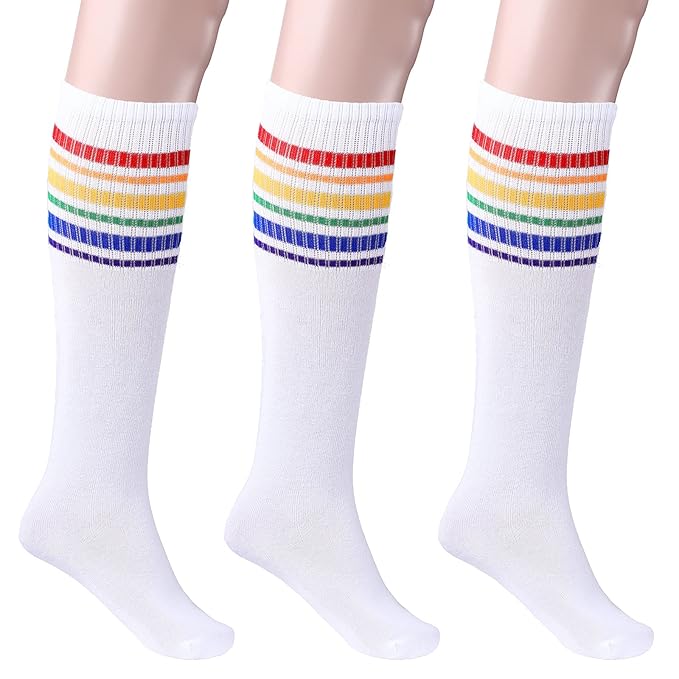 Skylety 5 Pcs Striped Sweatband Sock Set Wrist Sweatband Headband High Striped Headband for Men Women Sports 80s Party(Rainbow Color)