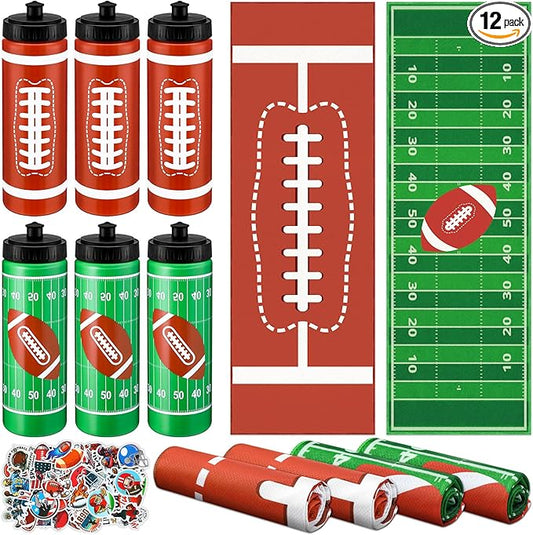 12 Pcs Football Water Bottle Football Cooling Towel Set with 50 Sticker Sports Party Favors Include 6 Reusable Sports Squeeze Water Bottle 6 Ice Towel Breathable Fast Drying for Team Gifts