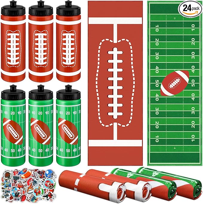 24 Pcs Football Water Bottle Football Cooling Towel Set with 50 Sticker Sports Party Favors Include 6 Reusable Sports Squeeze Water Bottle 6 Ice Towel Breathable Fast Drying for Team Gifts