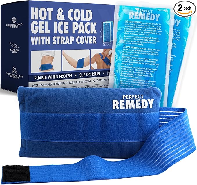 Perfect Remedy 2-Pack Gel Ice Packs for Injuries with Strap Cover, Flexible Hot Cold Compress, Soothing Soft Ice Packs for aid in Injuries Conditions, Alternative to Hot Water Bottles (Blue, Regular)