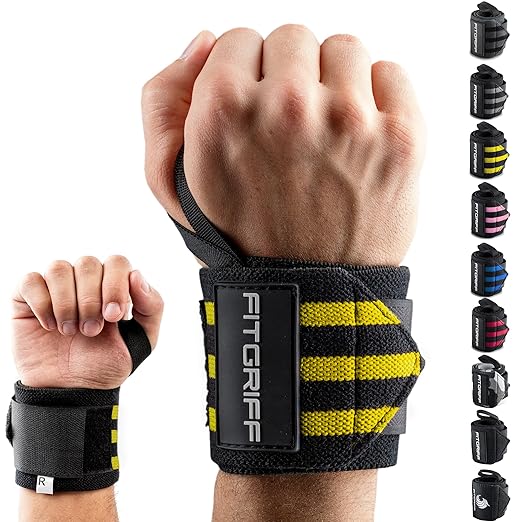 Fitgriff® Wrist Wraps for Weightlifting (18") Heavy-Duty Support for Gym, Bench Press, and Pushups (1 Pair) - for Men and Women (Black/Yellow)