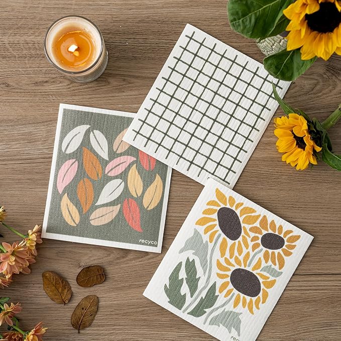 RECYCO Swedish Dishcloths for Kitchen | 6 Pack Autumn Leaf Washable Dish Rags | Cellulose Reusable Cleaning Paper Towels | Absorbent Counter Dish Cloth Sponge Kitchen Wipes, 8" L x 7" W