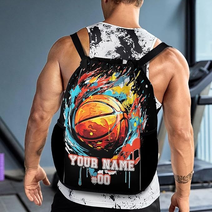 Custom Basketball Drawstring Backpack - Cool Cinch Sack, String Backpacks with Pocket for Kids Women Men Boys Girls for Gym Outdoor Sports Travel Athletic Drawstring Bag - Lightweight/Foldable