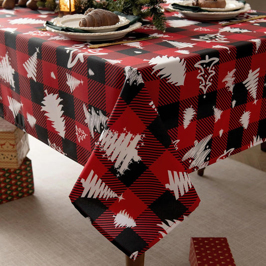 Gingham Xmas Tablecloth Fabric - Oblong 58x120 Water Resistant Christmas Tree Plaid Table Cloth for Indoor/Outdoor Use - Red Tabletop Cover Perfect for Birthday, Picnics, Gardens