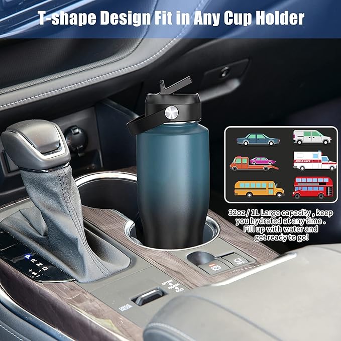 HYDROWION Water Bottles with Straw, 40oz Insulated Water Bottle fit in Car Cup Holder, Black Water Bottles with Straw Lid, Spout Lid and Flex Cap, Leakproof Travel Insulated Tumbler, Cobalt