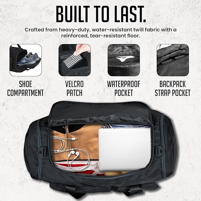 Gym Duffel Bag Backpack - 60L - Durable Gym Bag for Men/Women with Shoe Compartment - Duffel Bag Carry On – Water Resistant with Wet Pocket, Multiple Pockets & Straps for Gym, Travel & Overnight