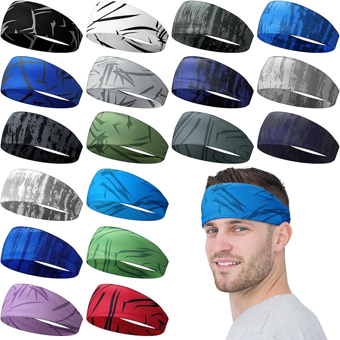 18 Pcs Sports Sweatbands for Men Women Camo Headbands Workout Non Slip Headbands Breathable Head Band Fitness Stretchy Unisex Hairband for Yoga Running Cycling Ball