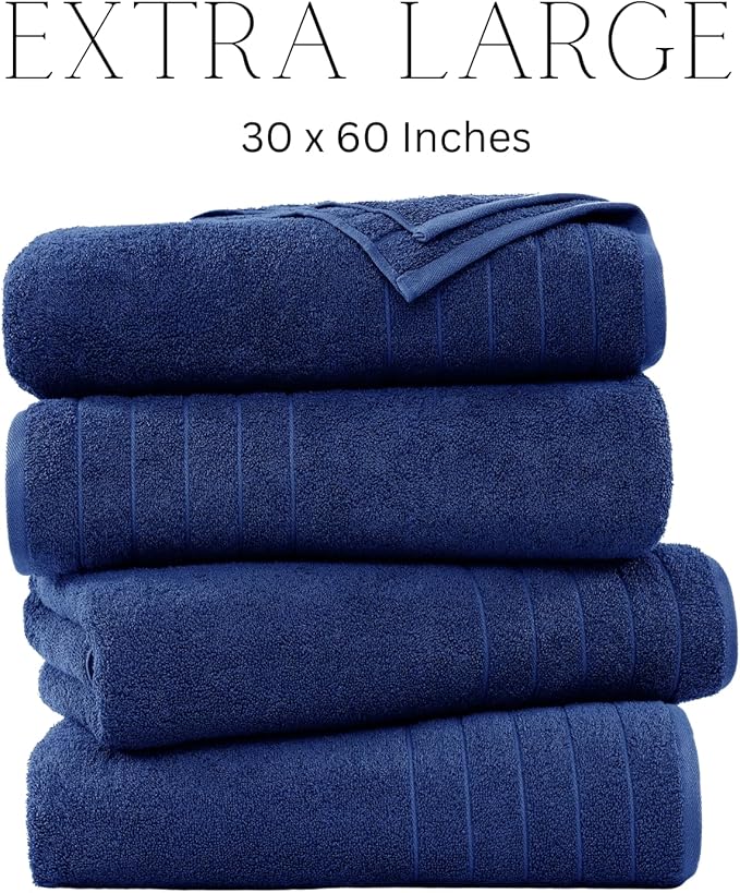 Casa Platino 100% Cotton 4 Pack Bath Towels (30"x60") - Ring Spun Mercerized Cotton Towels Set for Bathroom - Quick Dry, Soft & Absorbent Large Bath Towel Set - Dorm Essentials for Boys - Navy Blue