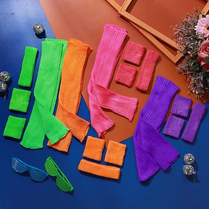 Haysandy 4 Sets 80s 90s Leg Warmers Set for Women Costume Neon Headband Rainbow Wristbands for Sport Yoga Workout Clothes