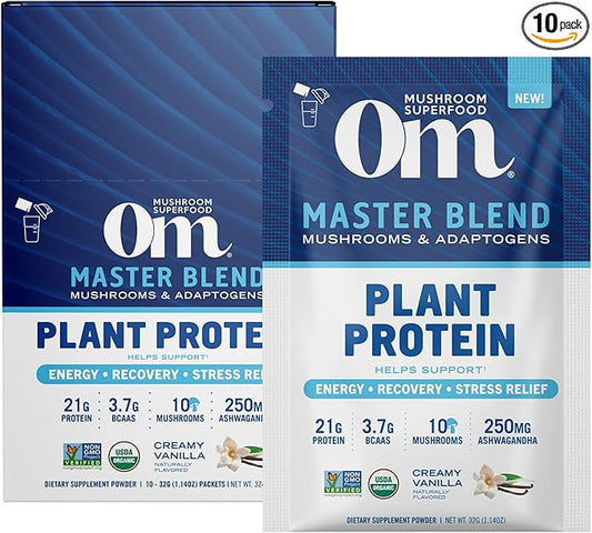 OM MUSHROOM SUPERFOOD Master Blend Mushrooms & Adaptogens, Creamy Vanilla Plant Protein, Single Serve, 10 Count, 10 Mushroom Complex, Lion's Mane, Ashwagandha, Stress Relief, GLP-1 Support