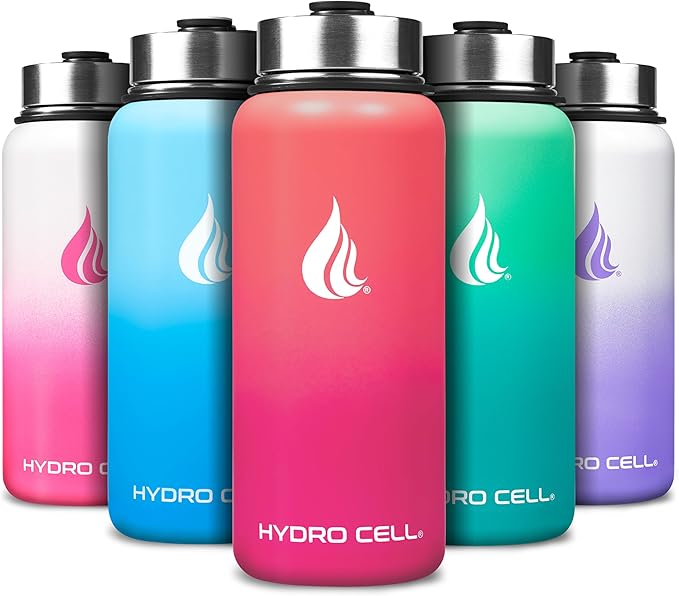 HYDRO CELL Stainless Steel Insulated Water Bottle with Straw - For Cold & Hot Drinks - Metal Vacuum Flask with Screw Cap and Modern Leakproof Sport Thermos for Adults (Coral/Punch 32oz)