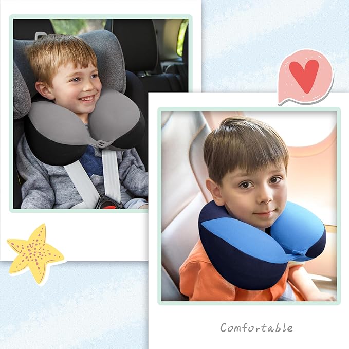 COOLBEBE Kids Travel Neck Pillow, Softly Headrest Travel Pillow for Car & Airplane, Traveling Gifts for Toddler & Children (Black & Blue)