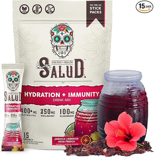 Salud 2-in-1 Hydration Packets + Immunity Electrolytes Powder, Hibiscus - Jamaica Agua Fresca Drink Mix, Elderberry, Dairy & Soy Free, Non-GMO, Gluten Free, Vegan, Low Calorie, 1g Sugar (15 Servings)