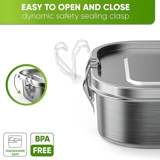 Blockhütte Stainless Steel Lunch Box for Adults I 47oz I Bento Box 3 Compartments with free Sealing, Leak-Proof Container, Metal Lunchbox for Travel, Work, Eco-Friendly Meal Storage Solution