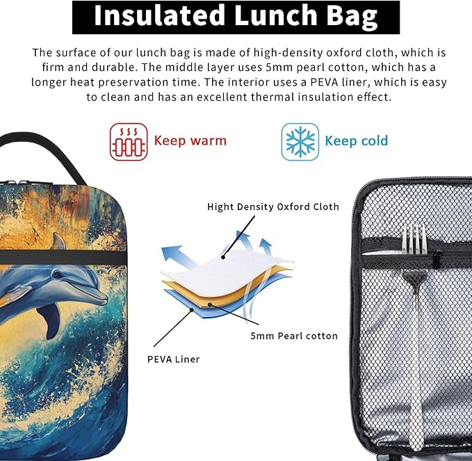 Dolphin Ocean Lunch Box for Women Men, Insulated Lunch Box Reusable Portable Lunch Bag Cooler Tote Waterproof Lunch Container for Office Picnic Work Travel