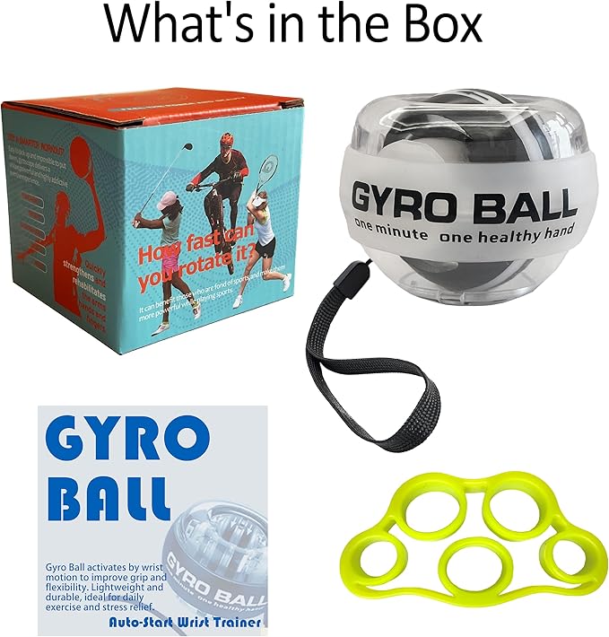 Auto-Start Gyro Ball Wrist Trainer – No Counter Grip Strengthener with Finger Band for Hand & Forearm Exercise – Stress Relief Spinner for Office, Rehab & Fitness