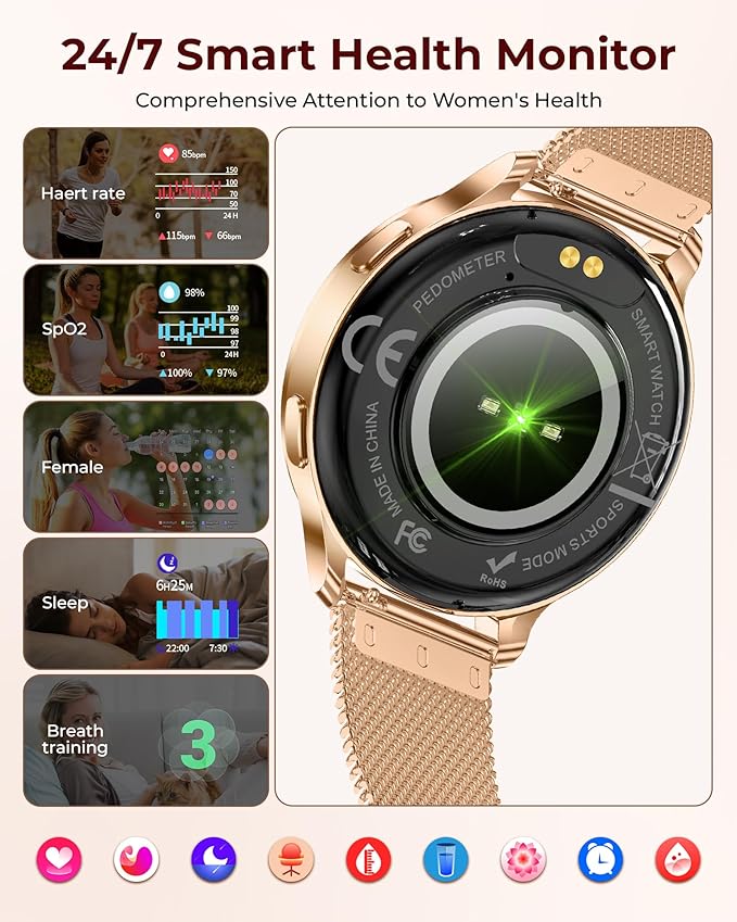 Smart Watches for Women, 1.27″ AMOLED Fitness Tracker with Heart Rate SpO2 Sleep Monitor, 3 Bands, 120+ Sport Modes, Call & Notifications, Smartwatch for Android & iPhone Compatible, 40 mm Rose Gold