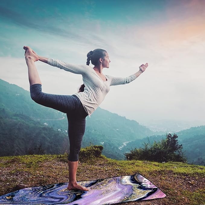 QiyI Yoga Mat Towel with Corner Pockets, Non Slip Sweat Absorbent Hot Yoga Towels, Soft Yoga Blankets with Travel Bag, Skidless Mat Cover for Workout, Gym, Fitness - 74"x26", Purple Gold Marble