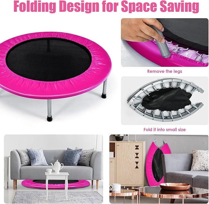 GYMAX Rebounder Trampoline for Adults, Mini Exercise Trampoline with Safety Pad, Foldable Rebounding Fitness Trampoline for Indoor/Outdoor, Small Workout Trampoline for Adults (Blue)