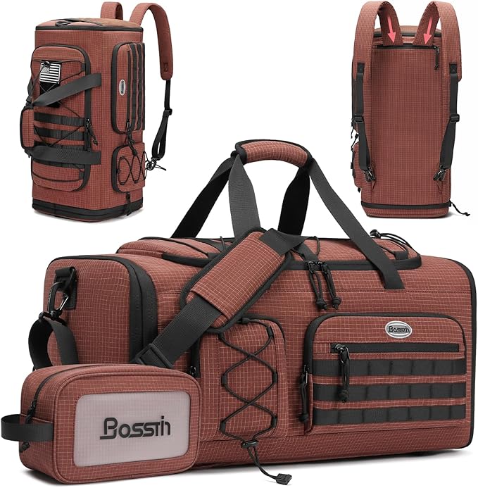 Bosstin Gym Bag for Men & Women,45L Travel Duffle Sports Duffel Bag Gym Weekender Overnight Backpack with Shoe Compartment (COFFEE CHECKERED)