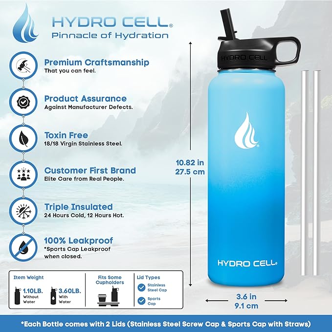 HYDRO CELL Stainless Steel Insulated Water Bottle with Straw - For Cold & Hot Drinks - Metal Vacuum Flask with Screw Cap and Modern Leakproof Sport Thermos for Adults (Sky/Blue 40oz)