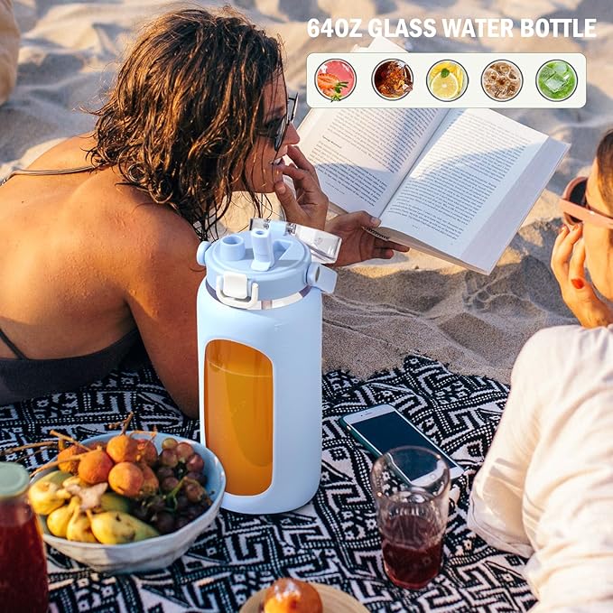 BLUEGO 64oz Glass Water Bottles with Straw Time Marker Half Gallon Large Motivational Water Bottle with Silicone Sleeve 2 Liter Large Glass Water Jug for Gym, Sports& Workout, Daily, Light Blue